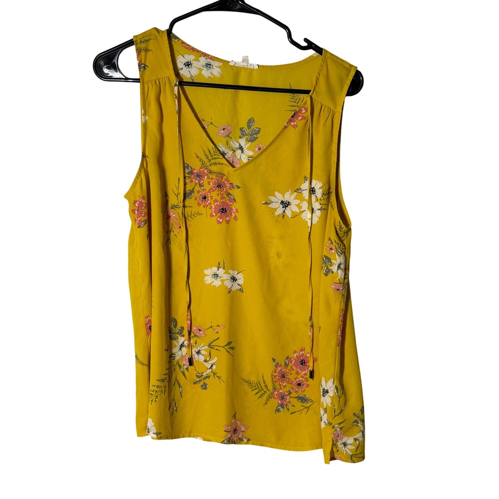 Maurices Womens Mustard Yellow Floral Sleeveless V-Neck Tie Front Blouse Size M